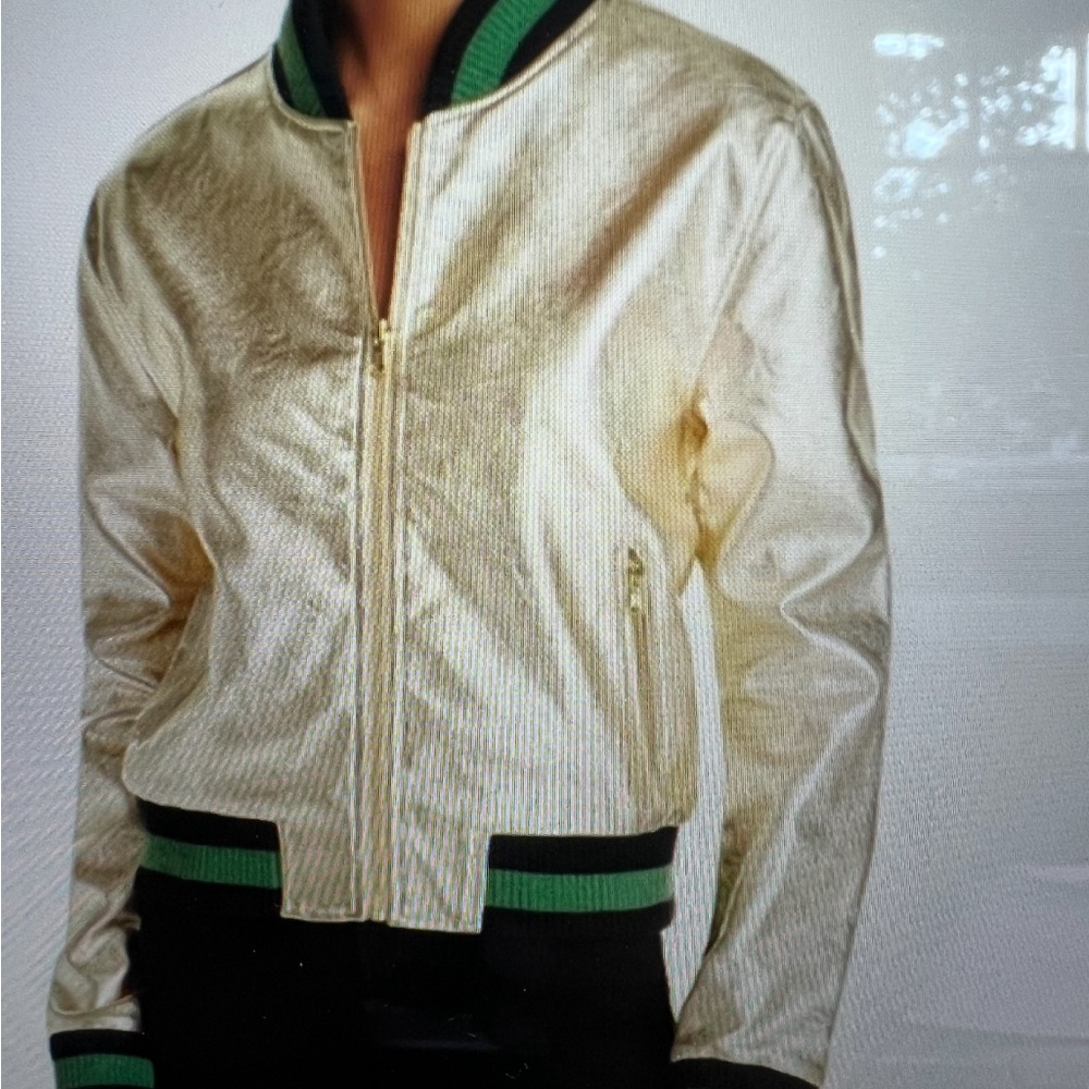 Aqua Gold Bomber Jacket with Ribbed Trim